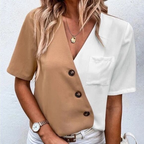 New Color Block Top Shirt Button Down Blouse - Picture 1 of 8